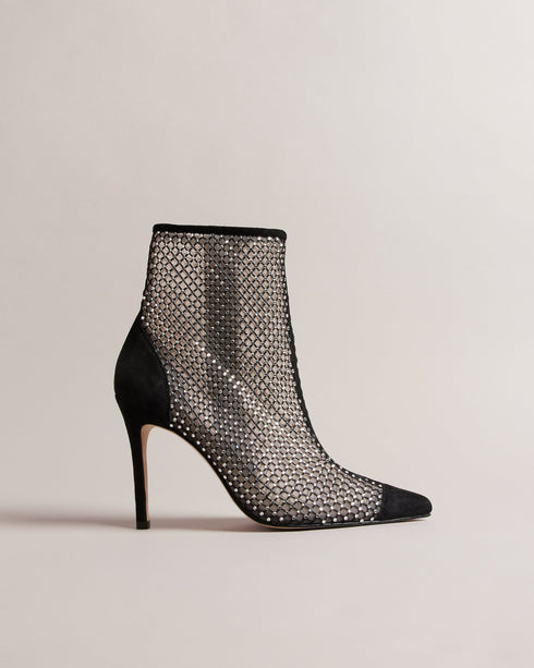 JUNAPAH-Boots-Step into the spotlight in JUNAPAH. All-over crystal mesh transforms these boots into a true statement piece. With a convenient zip fastening, these boots offer effortless wearability without compromising on style. Whether you're dressing up for a special occasion or getting ready to impress on date night, these ankle boots are the perfect combination of fashion and functionality. Ankle boots Crystal mesh Solid pointed toe Stiletto heel Zip fastening Suede leather detailing Heel height: 10.3cm